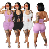 Sexy Solid Lace-Up Halter Top And Shorts 2 Piece Sets YIBF-6093