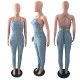 Plus Size Denim Backless Cross-Strap Jumpsuit LX-6060