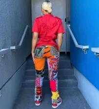 Casual Printed Mid-Waist Split Straight Pants WSM-5262