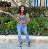 Sexy Denim Lace-Up Slim Cropped Cami Top HMS-5479