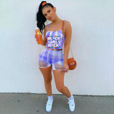 Letter Print Cami Top Hole Shorts Two Piece Suits WMEF-20757