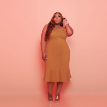 Plus Size Solid Sleeveless Backless Knotted Midi Dress MOF-6633