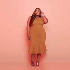 Plus Size Solid Sleeveless Backless Knotted Midi Dress MOF-6633