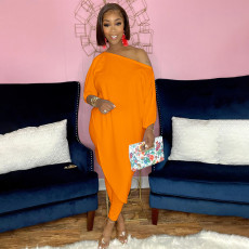 Solid 3/4 Sleeves Oblique Shoulder 2 Piece Pants Set QSF-51021