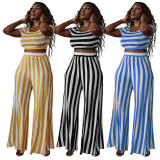 Plus Size Round Neck Striped Short Sleeve Pants Two Piece Sets MXDF-6030