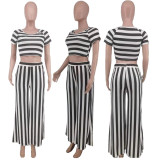 Plus Size Round Neck Striped Short Sleeve Pants Two Piece Sets MXDF-6030