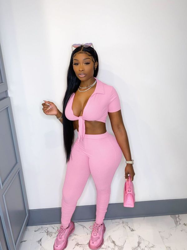 Solid Short Sleeve Slim Two Piece Pants Set YS-8820