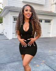 Solid Color Fashion Zipper Mini Dress MXDF-6031