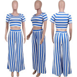 Plus Size Round Neck Striped Short Sleeve Pants Two Piece Sets MXDF-6030