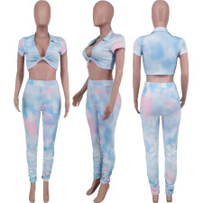 Printed Short Sleeve Ruched Pants Two Piece Sets MXDF-6025