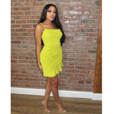 Yellow Ruched Ruffled Spaghetti Strap Mini Dress BN-B826