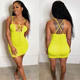 Sexy Solid Ruched Backless Cross Strap Mini Dress BN-9289