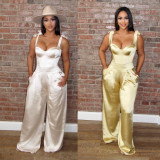 Sexy Satin Sleeveless Strap Wide Leg Jumpsuit BN-9286