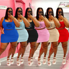 Plus Size Letter Print Tank Top Mini Skirt 2 Piece Sets WAF-77226