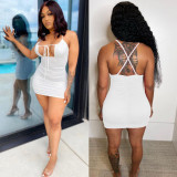 Sexy Solid Ruched Backless Cross Strap Mini Dress BN-9289
