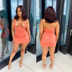 Sexy Solid Ruched Backless Cross Strap Mini Dress BN-9289