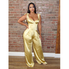 Sexy Satin Sleeveless Strap Wide Leg Jumpsuit BN-9286