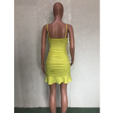 Yellow Ruched Ruffled Spaghetti Strap Mini Dress BN-B826