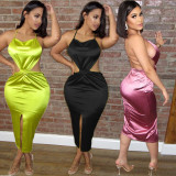 Sexy Satin Strappy Backless Midi Dress BN-9285