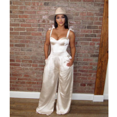 Sexy Satin Sleeveless Strap Wide Leg Jumpsuit BN-9286