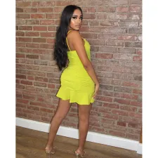 Yellow Ruched Ruffled Spaghetti Strap Mini Dress BN-B826