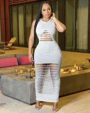 Solid Sleeveless Hole Hollow Out Maxi Dress BGN-173