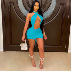 Sexy Solid Halter Backless Hollow Club Dress MA-Y425