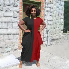 Contrast Color Short Sleeve Pocket Loose Maxi Dress AL-260