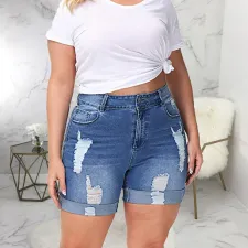Plus Size Frayed Hole High-Waist Denim Shorts  HSF-2569