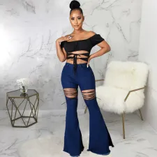 Plus Size Lace-up Denim Slim-fit Flared Pants HSF-2567
