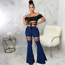 Plus Size Lace-up Denim Slim-fit Flared Pants HSF-2567