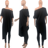 Plus Size Solid Irregular Long Top And Pants 2 Piece Sets QSF-51023