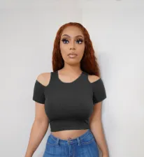Sexy Solid Short Sleeve Cold Shoulder Slim T-Shirt SXF-26123