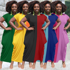 Contrast Color Short Sleeve Pocket Loose Maxi Dress AL-260