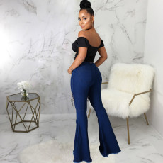 Plus Size Lace-up Denim Slim-fit Flared Pants HSF-2567