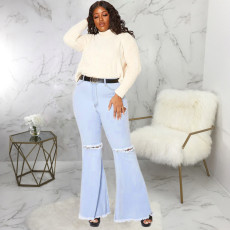 Plus Size Fashion Ripped Denim Flared Pants HSF-2417