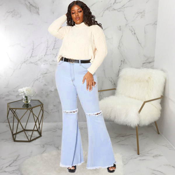 Plus Size Fashion Ripped Denim Flared Pants HSF-2417