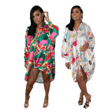 Sexy Printed Satin Long Sleeve Shirt Dress SFY-2122