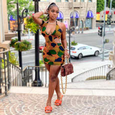 Sexy Printed Halter Hollow Out Mini Dress SH-390175