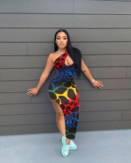 Sexy Printed Sleeveless One Shoulder Split Long Dress JH-266