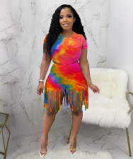 Tie Dye Print Short Sleeve Tassel Shorts 2 Piece Sets JH-265
