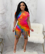 Tie Dye Print Short Sleeve Tassel Shorts 2 Piece Sets JH-265