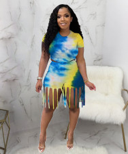 Tie Dye Print Short Sleeve Tassel Shorts 2 Piece Sets JH-265