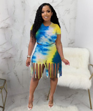 Tie Dye Print Short Sleeve Tassel Shorts 2 Piece Sets JH-265