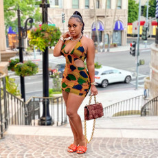 Sexy Printed Halter Hollow Out Mini Dress SH-390175