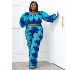 Plus Size Printed Long Sleeve Off Shoulder 2 Piece Sets NNWF-7239