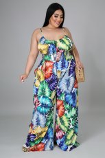 Plus Size Printed Strap Wide Leg Jumpsuit Without Belt NNWF-7229