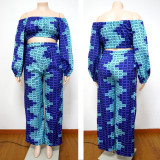 Plus Size Printed Long Sleeve Off Shoulder 2 Piece Sets NNWF-7239