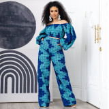 Plus Size Printed Long Sleeve Off Shoulder 2 Piece Sets NNWF-7239