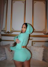 Solid Hooded Long Sleeve Drawstring 2 Piece Shorts Set OYF-8275